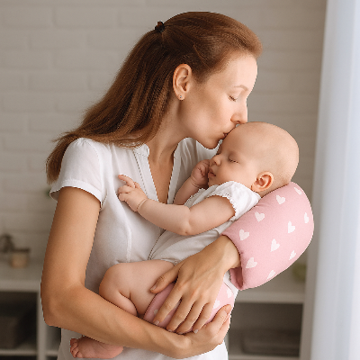 Maman utilisant un coussin d’allaitement bras pour soutenir son bébé pendant la tétée